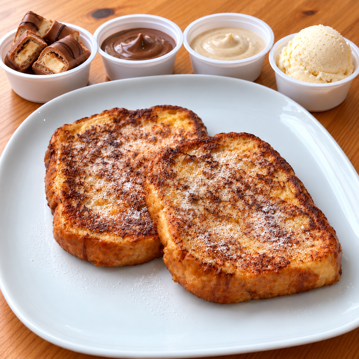 Pain perdu Bueno — deux tranches au sucre impalpable — vue rapprochée — accompagnements à part et boule de vanille incluse