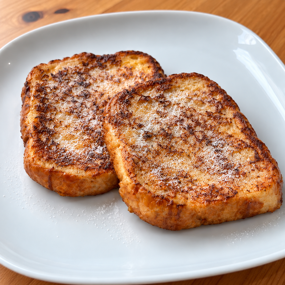Pain perdu nature — deux tranches au sucre impalpable — vue rapprochée