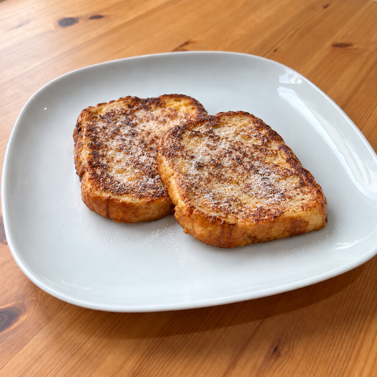 Pain perdu nature — deux tranches au sucre impalpable — vue d’ensemble